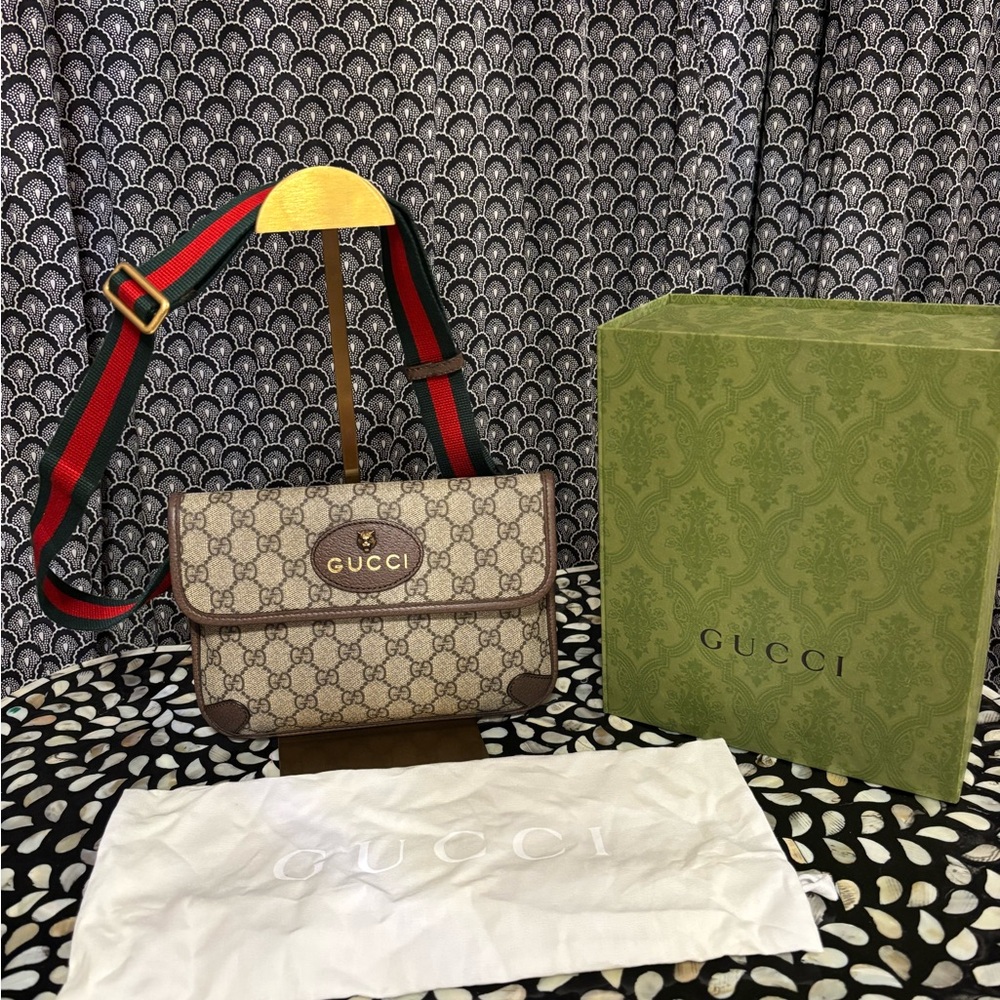 Gucci Brown Monogram Crossbody Bag with Red and Green Strap